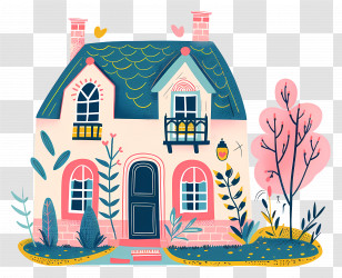 Cartoon Farmhouse - Cute Doodle House Illustration With Plants Transparent PNG