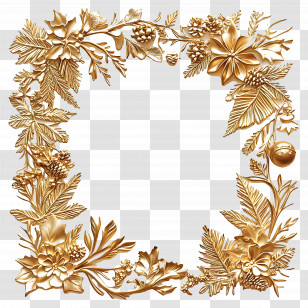 Christmas Frame Gold - Golden Floral Frame With Leaves And Flowers Transparent PNG