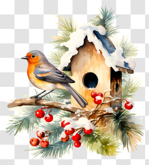 Watercolor Painting - Snow-Covered Holiday Birdhouse With Robin Transparent PNG