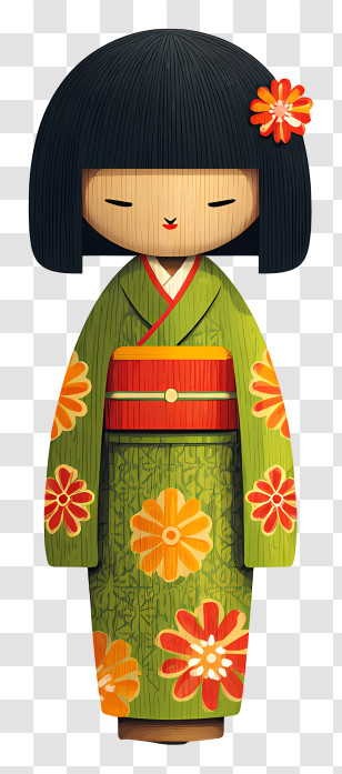 Japanese Wooden Doll - Green Kimono Doll With Floral Design Transparent PNG