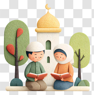 Muslim Couple Reading Al Quran - Children Reading With Mosque In Background Transparent PNG