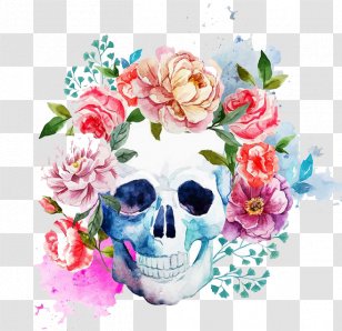 Calavera Human Skull Symbolism Art - Floral Design - Watercolor Transparent PNG