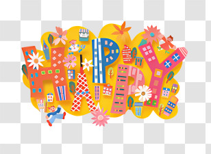 Icon - Happy Text With Buildings And Flowers Transparent PNG