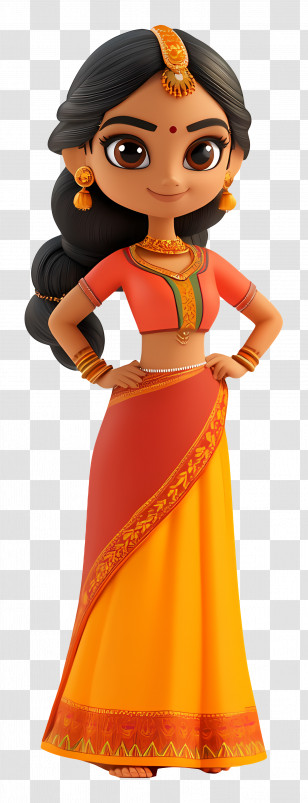 Cartoon Indian Woman - Animated Girl In Traditional Attire Transparent PNG