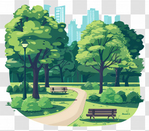 City Park Scene - City Park Scene With Trees And Benches Transparent PNG