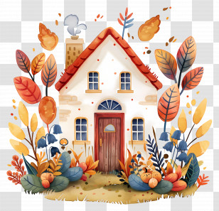 Autumn House - Cartoon House With Autumn Leaves Transparent PNG