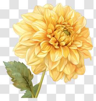 Yellow Dahlia Flower - Bright Yellow Dahlia Flower With Green Leaf Transparent PNG