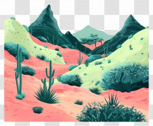 Bush Landscape - Desert Landscape With Cactus And Mountains Transparent PNG