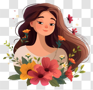 Cartoon Woman And Flowers - Cartoon Illustration Of Woman With Floral Decorations Transparent PNG