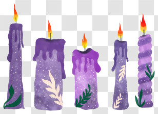 Lit Candles - Decorative Purple Candles With Green Leaves Transparent PNG