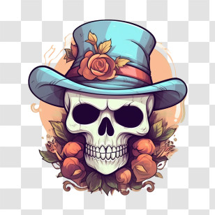 Sugar Skull - Skull With Blue Top Hat And Rose Decoration Transparent PNG