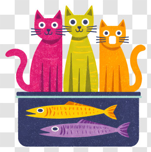 Sardine Tin - Colorful Cartoon Cats With Fish Transparent PNG