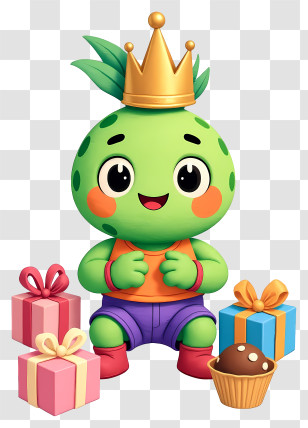 Plant Mascot Celebrating Birthday - Crowned Green Birthday Mascot Transparent PNG