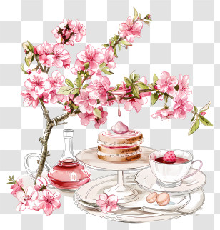 Spring - Cherry Blossom With Cake And Tea Transparent PNG