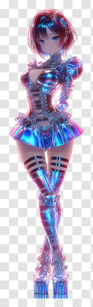 Neon Cyber Anime - Holographic Cyber Girl Pose Transparent PNG