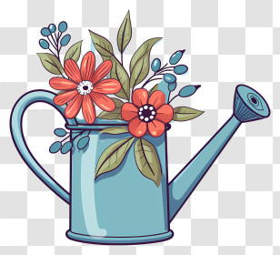 Painting - Blue Watering Can With Blooming Flowers Illustration Transparent PNG