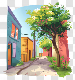 Street - Colorful Tree-Lined City Alley Illustration Transparent PNG