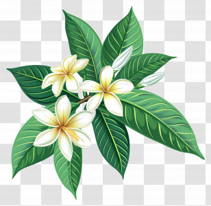 Frangipani Flower - Tropical White Frangipani Flowers With Lush Green Leaves Transparent PNG