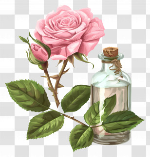 Rose Oil - Pink Rose With Bottle Transparent PNG