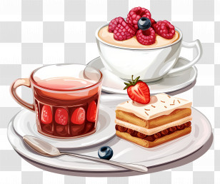Tray - Dessert And Tea With Berries Transparent PNG