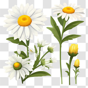 Daisy Flower - White Daisies With Yellow Centers And Green Stems Transparent PNG