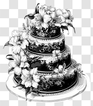 Black Cake - Monochrome Floral Cake Illustration Transparent PNG