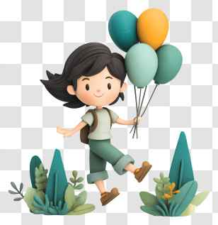 Cartoon Girl Holding Balloons - Girl With Balloons In Nature Transparent PNG