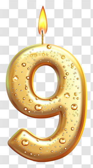 Number Shape Candle - Golden Number 9 Candle With Flame Transparent PNG