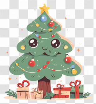 Cute Christmas Tree - Adorable Smiling Christmas Tree With Gifts And Decorations Transparent PNG