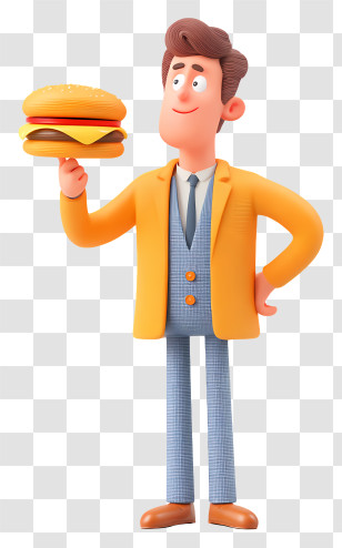 Businessman Testing Food - Cartoon Man Holding A Burger Transparent PNG