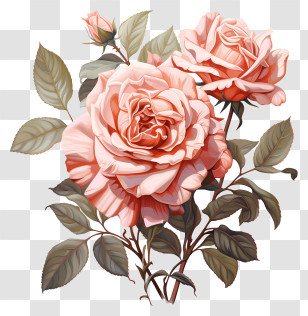 Pink Roses - Blooming Pink Roses In Botanical Art Transparent PNG