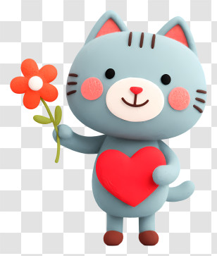 Cat Holding Red Heart - Cute Cat With Flower And Heart Transparent PNG