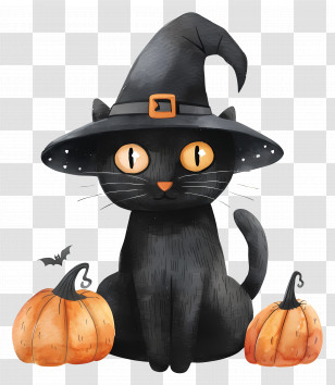 Halloween Cat - Halloween Black Cat With Witch Hat And Pumpkins Transparent PNG
