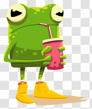 Cartoon Frog Holding Drink - Cartoon Green Frog With Drink Transparent PNG