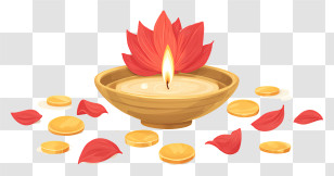 Diwali Diya Flowers - Golden Diya With Coins And Petals Transparent PNG