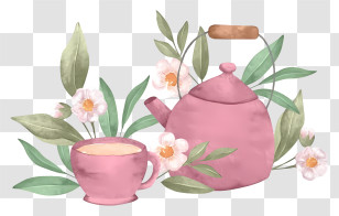 Pink Teapot - Pink Kettle And Tea Cup With Floral Motif Transparent PNG