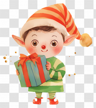 Christmas Elf - Christmas Elf With Gift Box Cartoon Design Transparent PNG