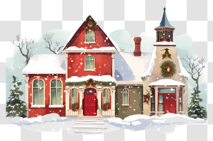 Red Brick Building - Snowy Christmas House Illustration Transparent PNG
