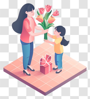 Mothers Day - Mother And Child With Flowers Transparent PNG