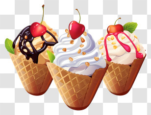 Ice Cream Cones - Three Ice Cream Cones With Toppings Transparent PNG