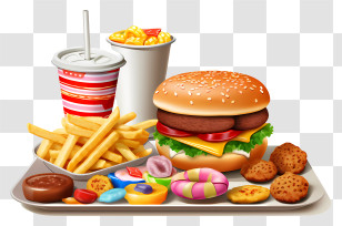 Fast Food - Fast Food Tray With Burger, Fries, And Desserts Transparent PNG