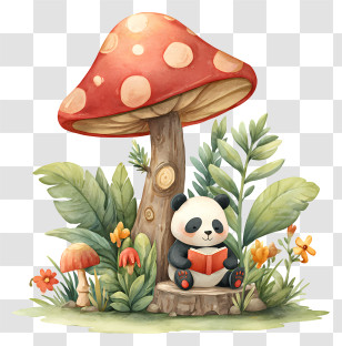 Panda Reading Book - Panda Reading Under Mushroom Transparent PNG