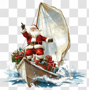 Santa - Santa Claus Sailing On A Boat Full Of Gifts Transparent PNG