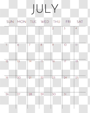 July 2026 Calendar - July Calendar Layout Transparent PNG