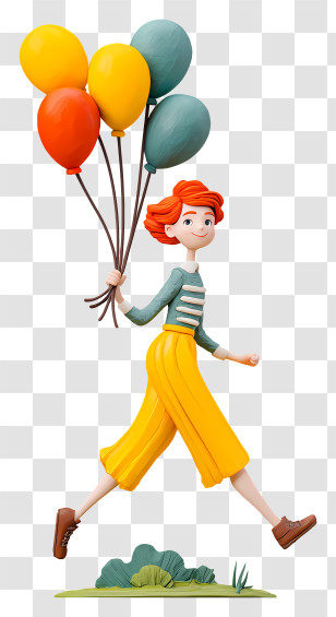 Cartoon Girl Holding Balloons - Joyful Girl Walking With Balloons Transparent PNG