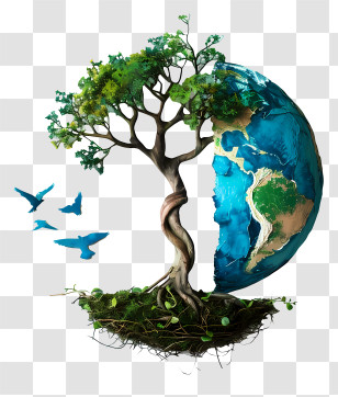 Earth Hour - Earth And Tree Illustration With Birds Symbolizing Growth Transparent PNG