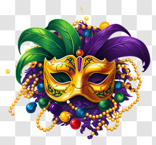 Mardi Gras Mask - Gold Mask With Feathers And Beads For Carnival Transparent PNG