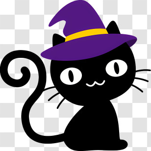Black Cat - Black Cat With Purple Witch Hat For Halloween Transparent PNG