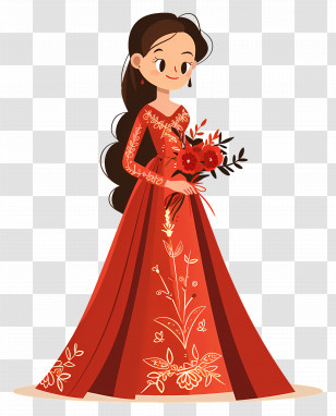Cartoon Bride - Elegant Woman In Red Gown With Flowers Transparent PNG
