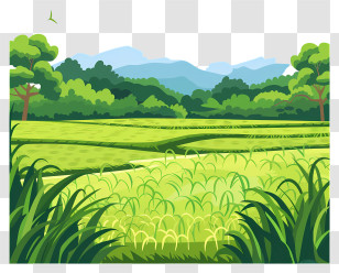 Paddy Field Background - Green Field With Trees And Mountains Transparent PNG
